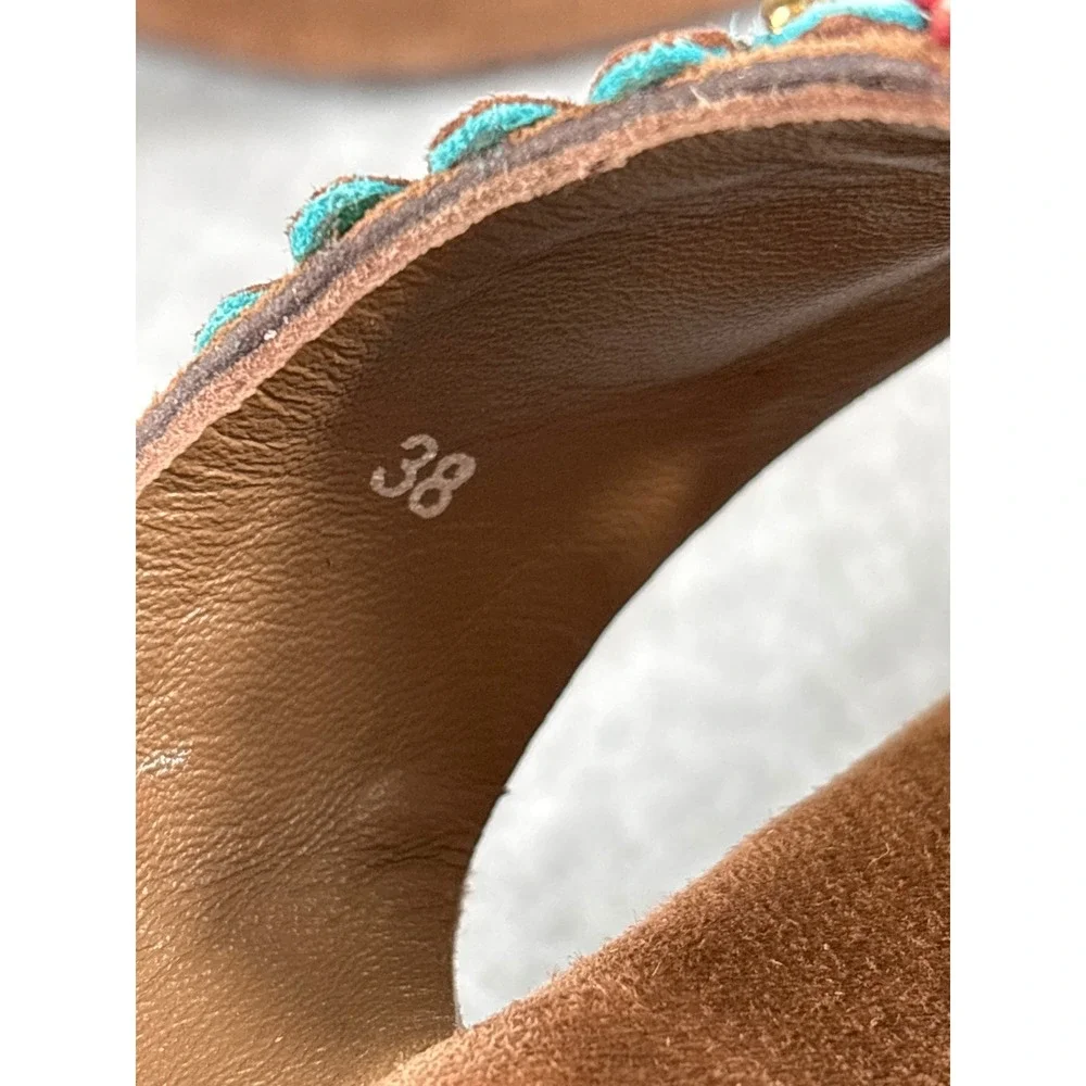 Azura Women Size 38 Brown Suede Colorful Embroidered Boho Wedge Platform Sandals